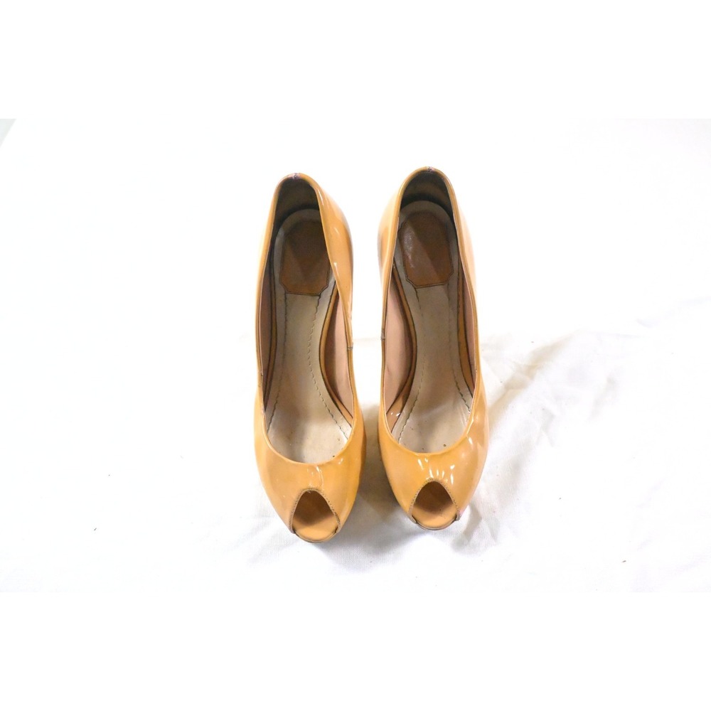 Christian Dior Camel Tan Patent Leather Peep Toe CD Logo Platform Pumps Sz 39 US
